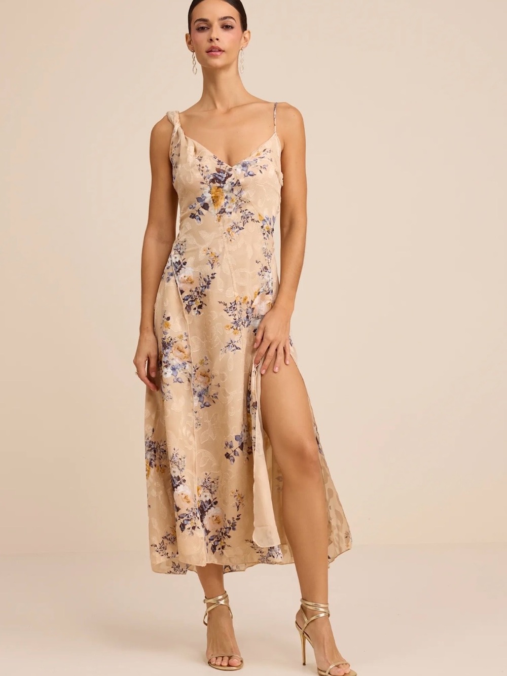 Lulus Eirwen Beige Floral Burnout Asymmetrical Midi Dress XS